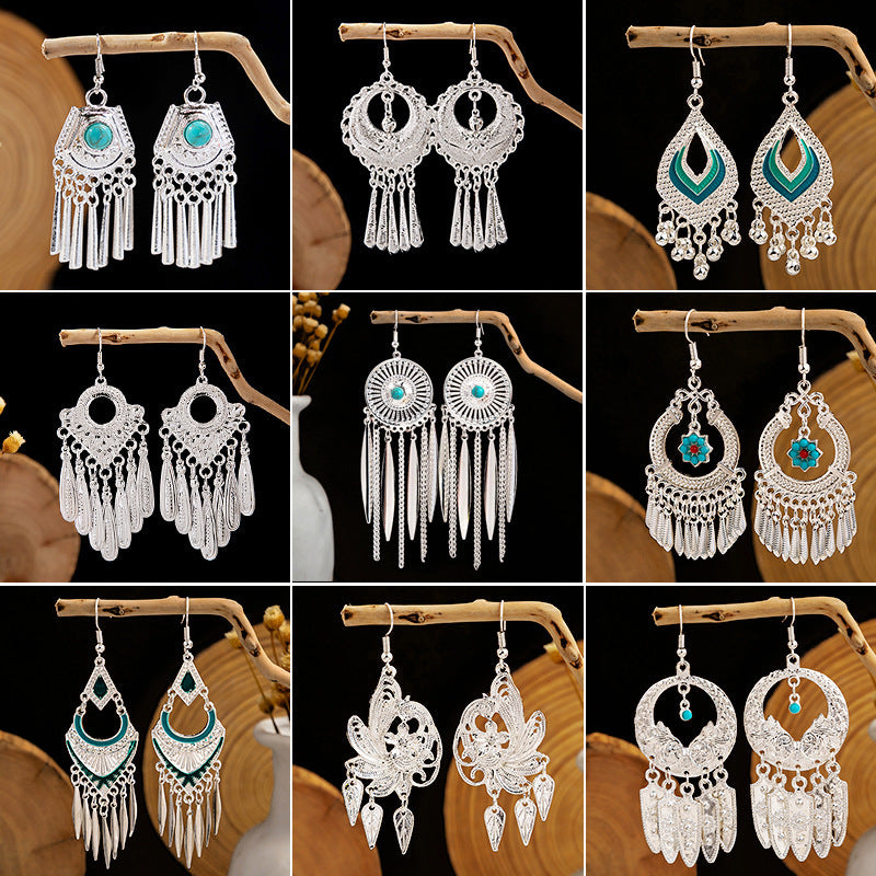 Ethnic Style Imitation Miao Sier Colorful Long Feather Tassel Earrings