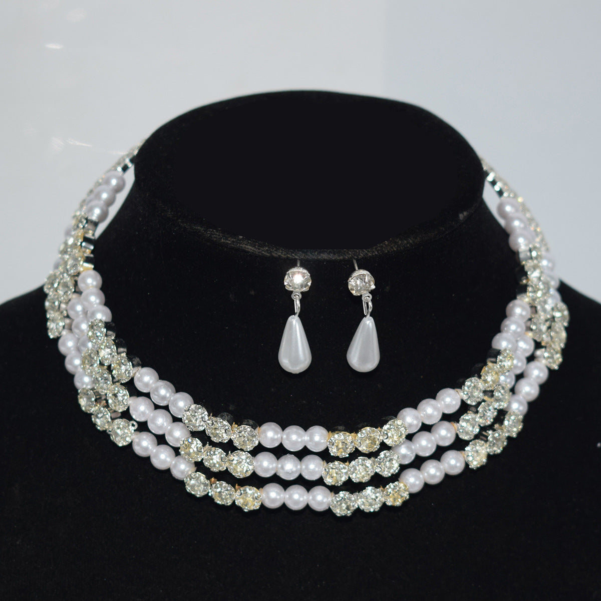 Pearl Diamond Collar Bridal Rhinestone Three-piece Jewelry Set