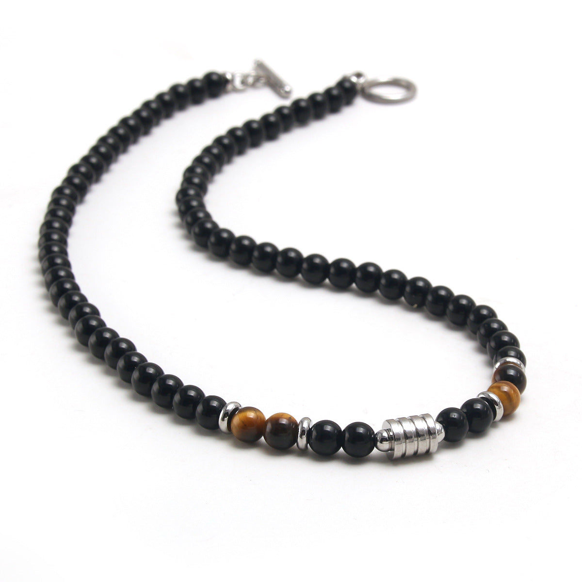 Steel Natural Tigereye Map Stone Obsidian Beaded Necklace