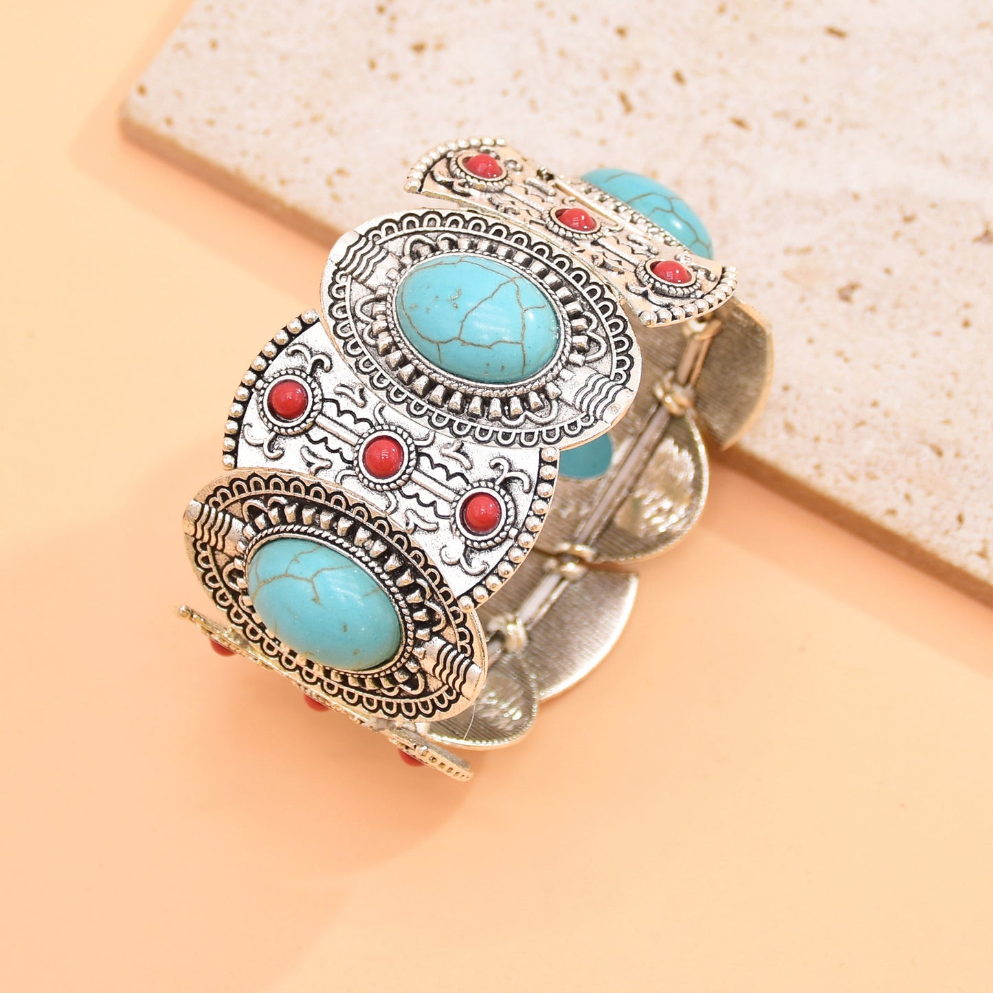 Fashion Retro Textured Hollow Inlaid Turquoise Bracelets
