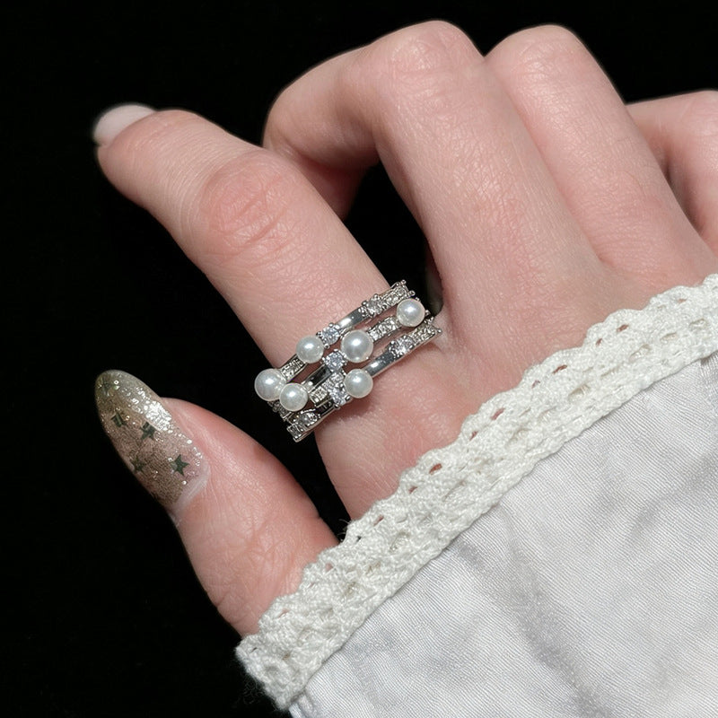 Pearl Shining Diamond Open Female Design High Sense Ring