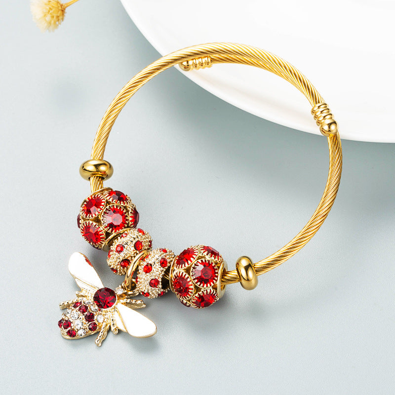 Alloy Gold Adjustable Bee Shiny Rhinestone Ball Bracelets