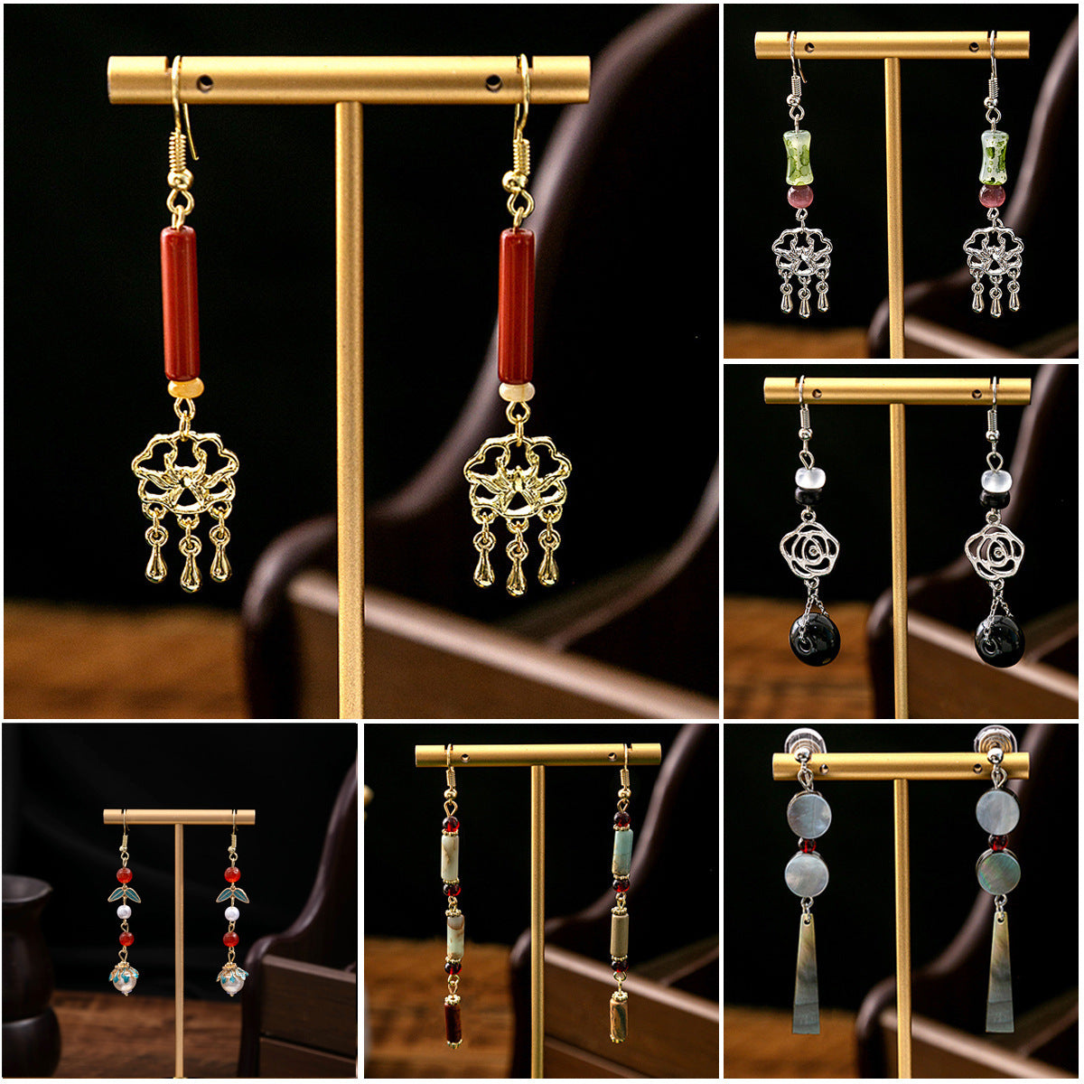 Selection Of Chinese Ancient Style Beaded Long Fringe National Hollow Earrings