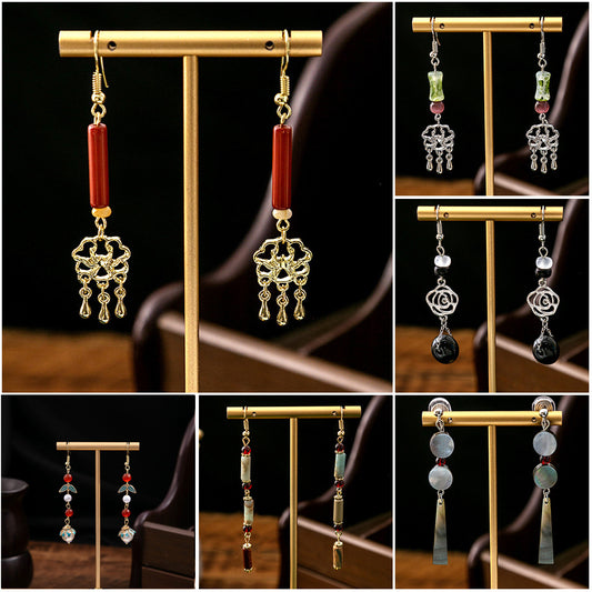 Selection Of Chinese Ancient Style Beaded Long Fringe National Hollow Earrings