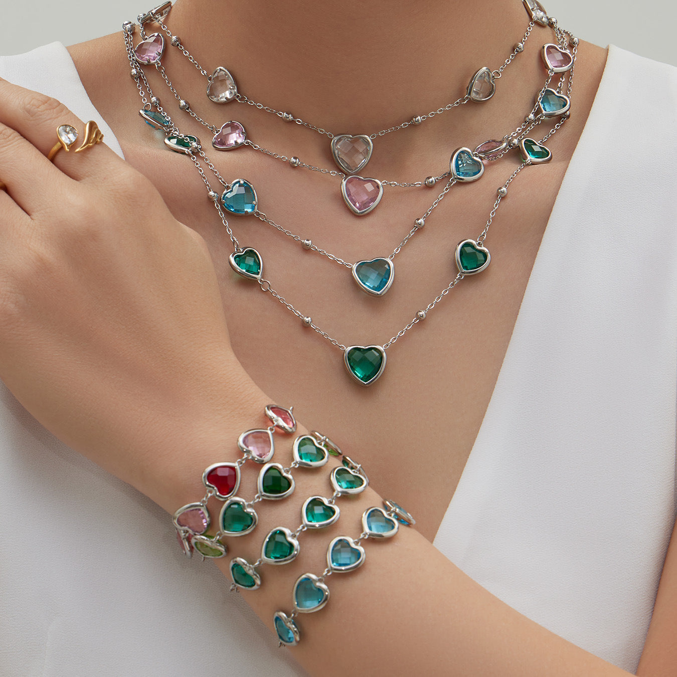 Cut Candy Color Heart-shaped Glass Stone Fashion Exquisite Stainless Rings
