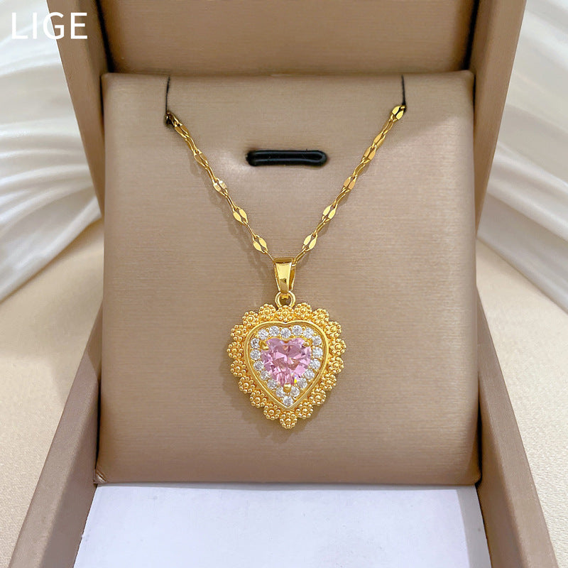 Women's Titanium Steel Pink Heart-shaped Full Of Necklace