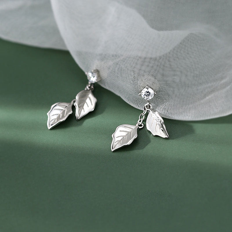 Sier Leaf Diamond Simple Leaf-shaped Fashion Earrings