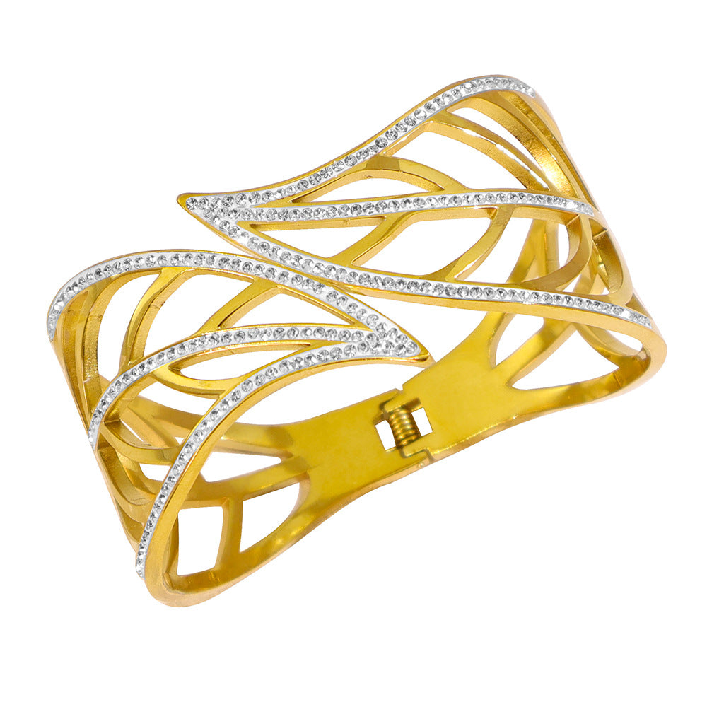Women's Eye-catching Hollow Leaves Full Diamond Stainless Steel Open Personality Bracelets