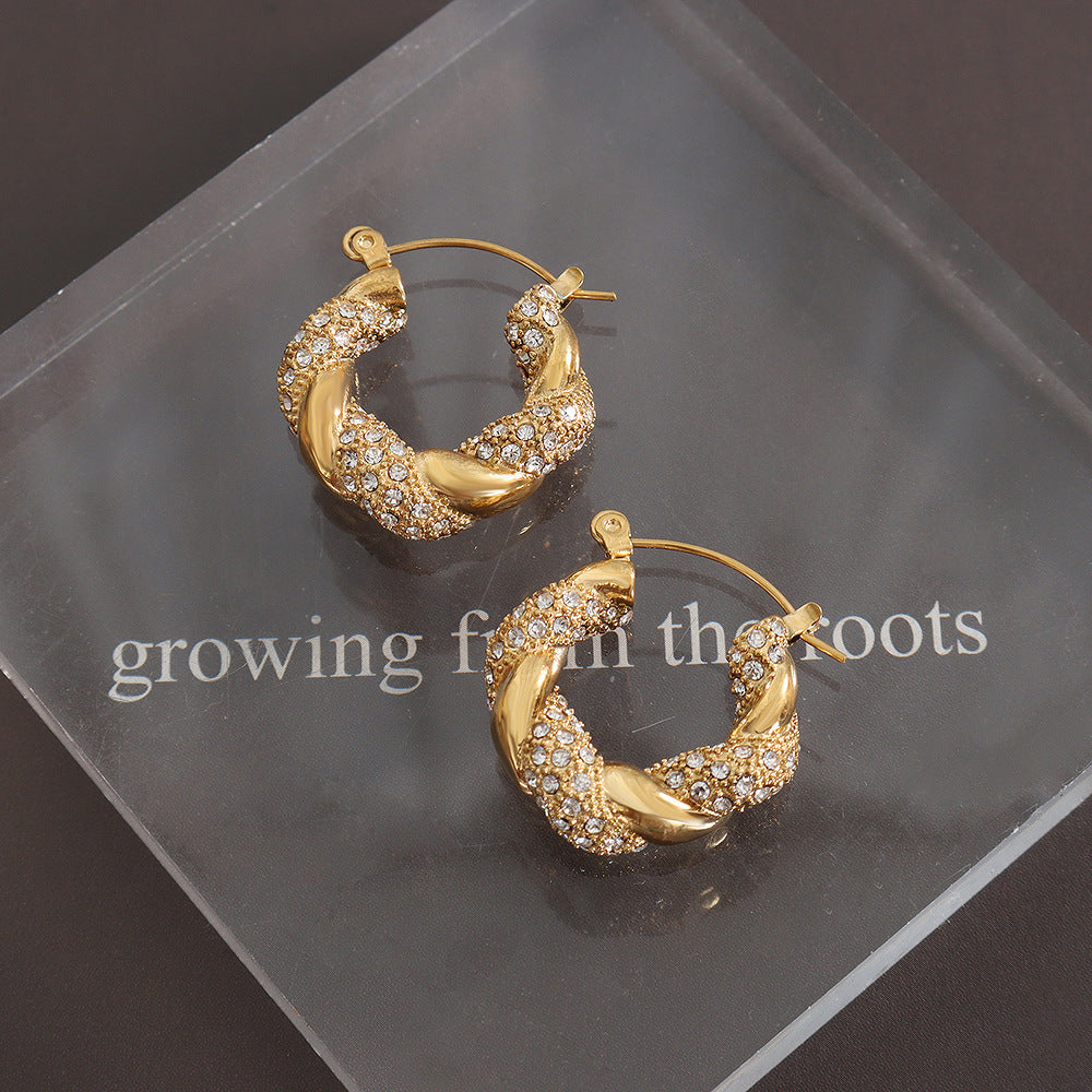 U-shaped Titanium Steel Gold-plated Zircon Twist Earrings