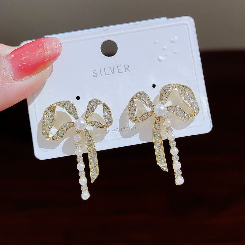 Sier Bowknot Pearl Fashion Trend Simple Stud Earrings