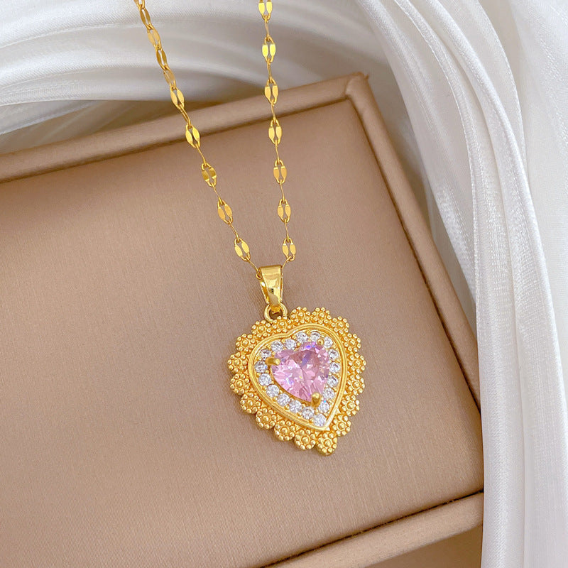 Women's Titanium Steel Pink Heart-shaped Full Of Necklace