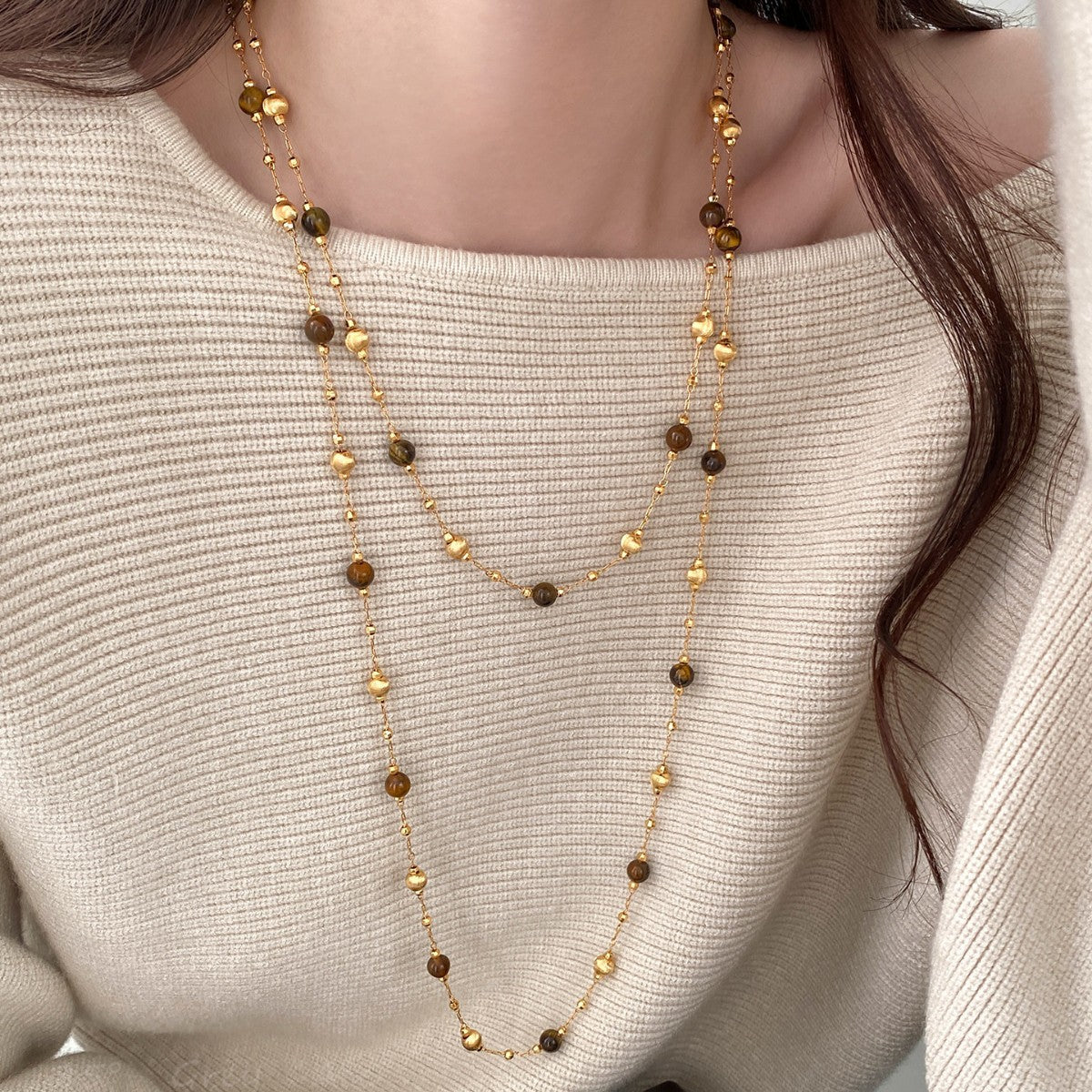 Women's Double Layer Twin Tiger Eye Light Luxury Minority High-grade French Necklace