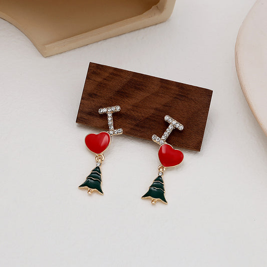 Boucles d'oreilles asymétriques en forme d'arbre de Noël avec longues lettres