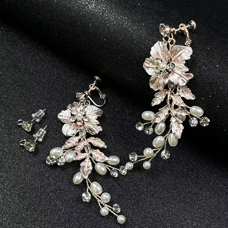 Accessoires d'oreille de mariée faits à la main, boucles d'oreilles à clip en forme de fleur