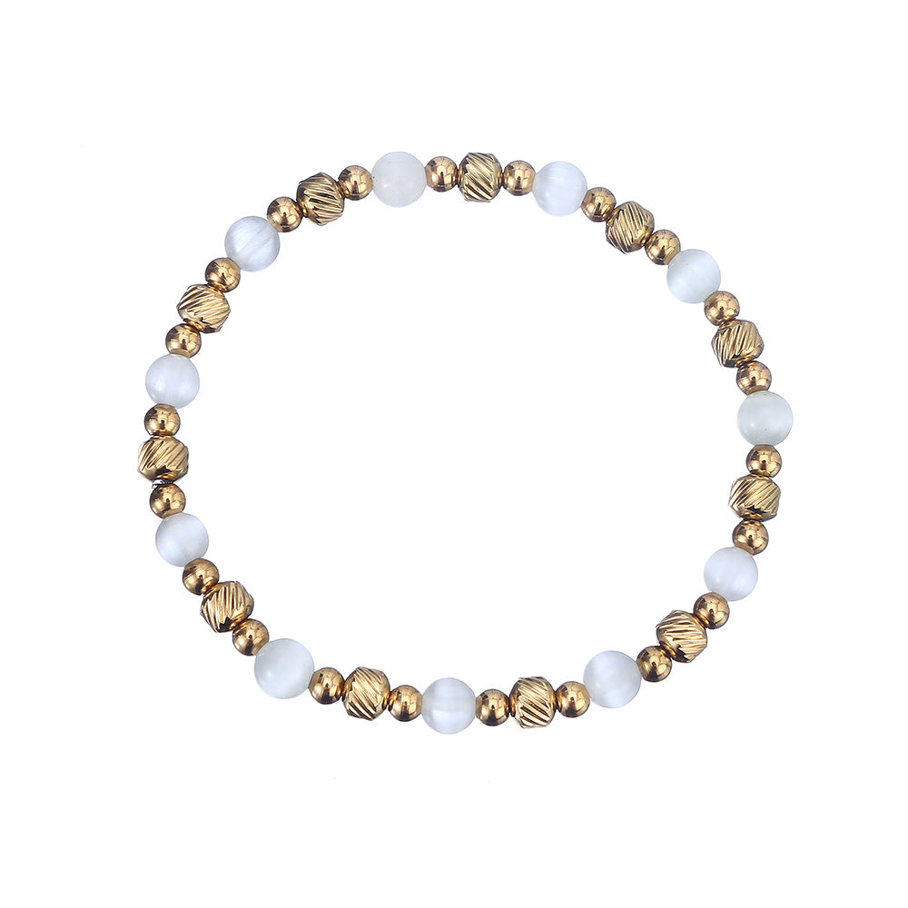 Steel Waterproof Hard-wearing Shiny Opal Round Beads Batch Pattern Elastic Bracelet