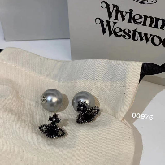 Full Diamond Saturn Gray Pearl Front And Rear Unique Earrings