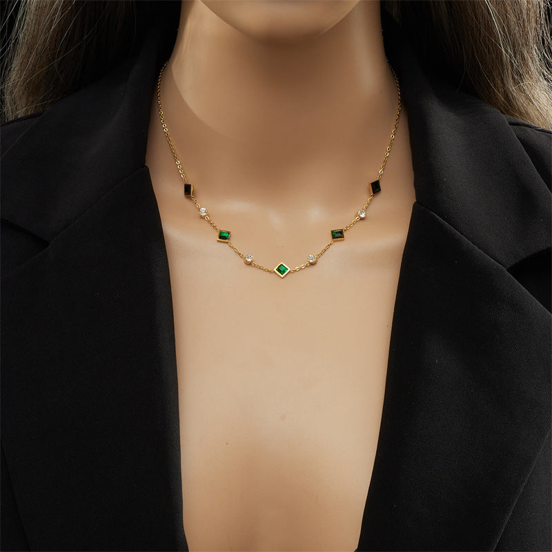 Steel Cube Emerald Zircon Personality Simple Niche Necklaces