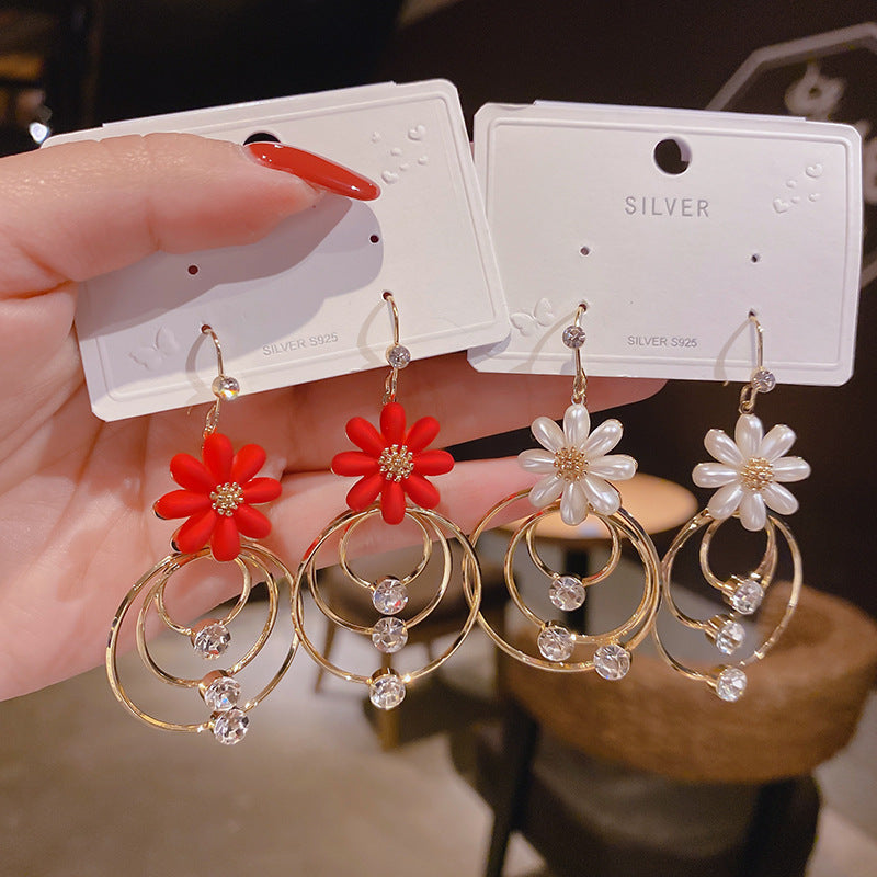 Trendy Sense Little Daisy Round Fashionable Temperament Long Sier Earrings