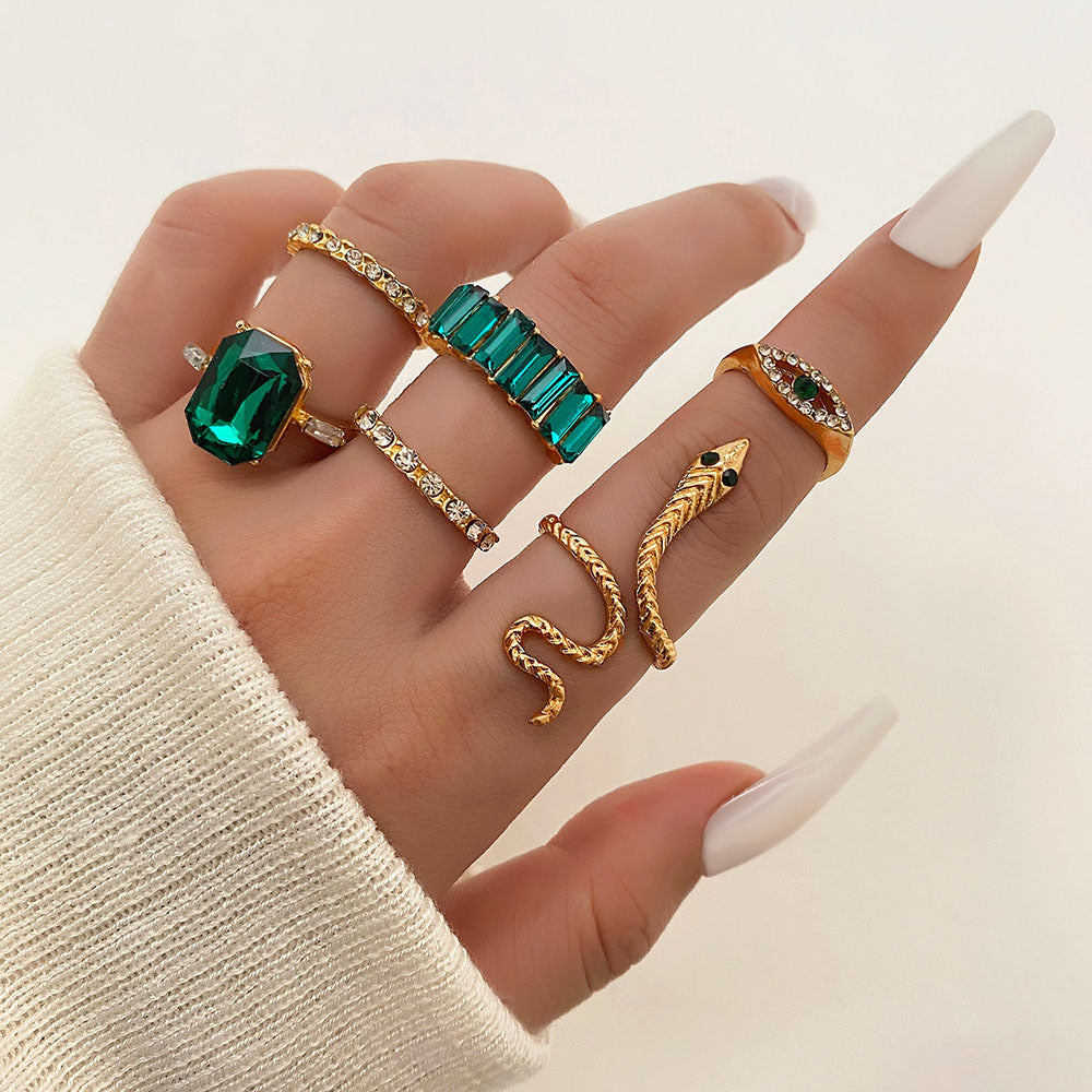 Inlaid Green Rhinestone Retro Snake Alloy Set Rings