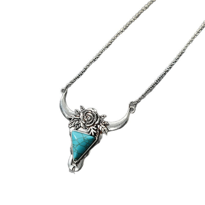 Western Retro Style Ox Head Turquoise Distressed Necklace