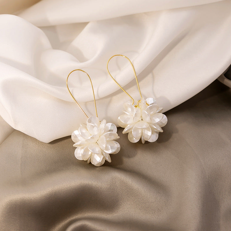 Long Floral Ball Premium White Petal Earrings