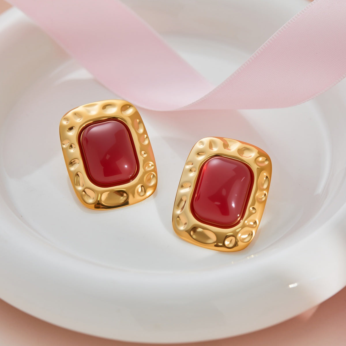 Women's Colored Gems Rectangular Hammered For Niche Earrings
