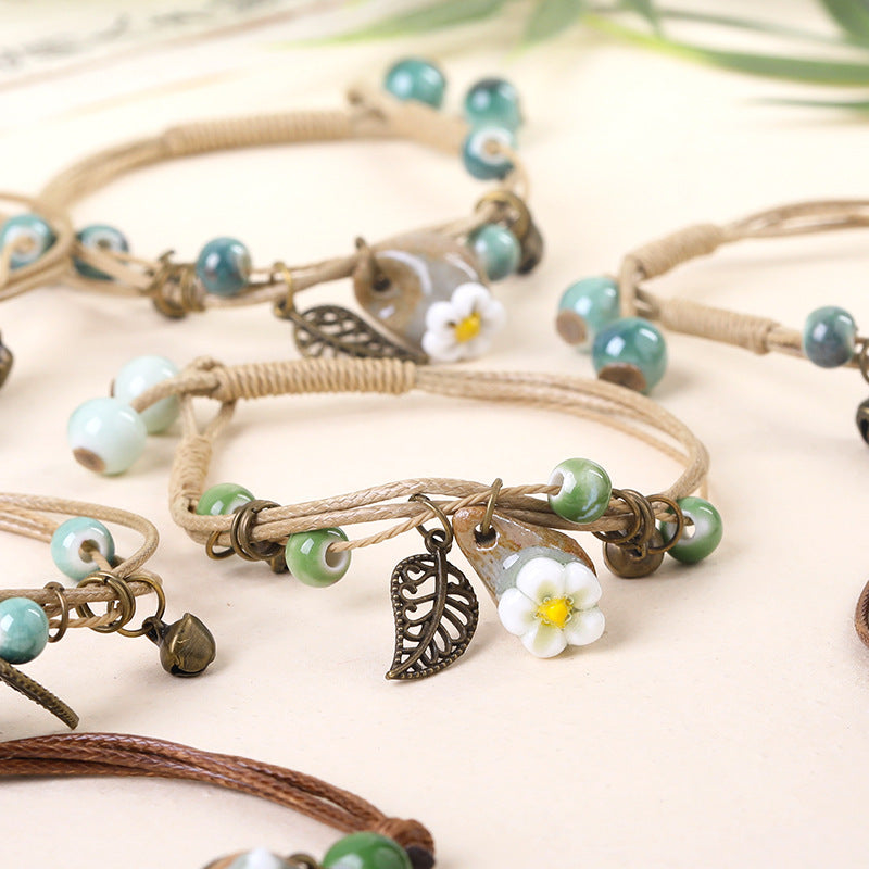 Women's Ceramic Flower Woven Ethnic Artistic Carrying Bracelet