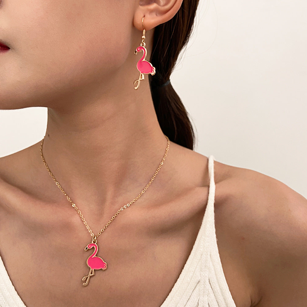 Flamingo Ear Of Cute Fashion Pink Jewelry Set