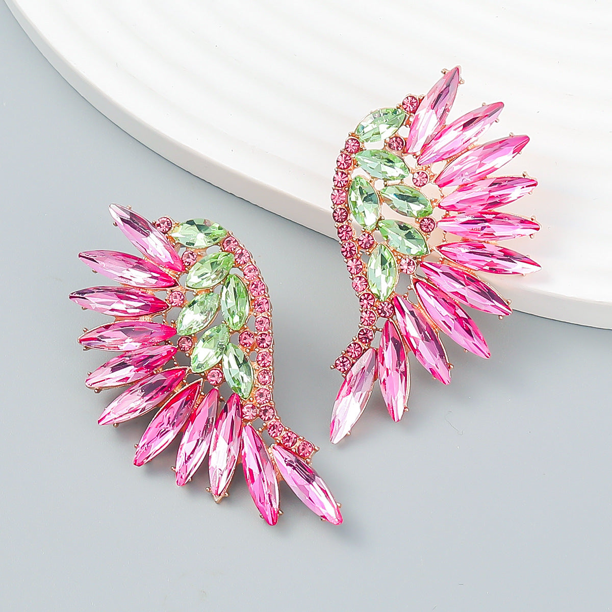 Colorful Crystals Exaggerated Fan-shaped Wings Fashion Earrings