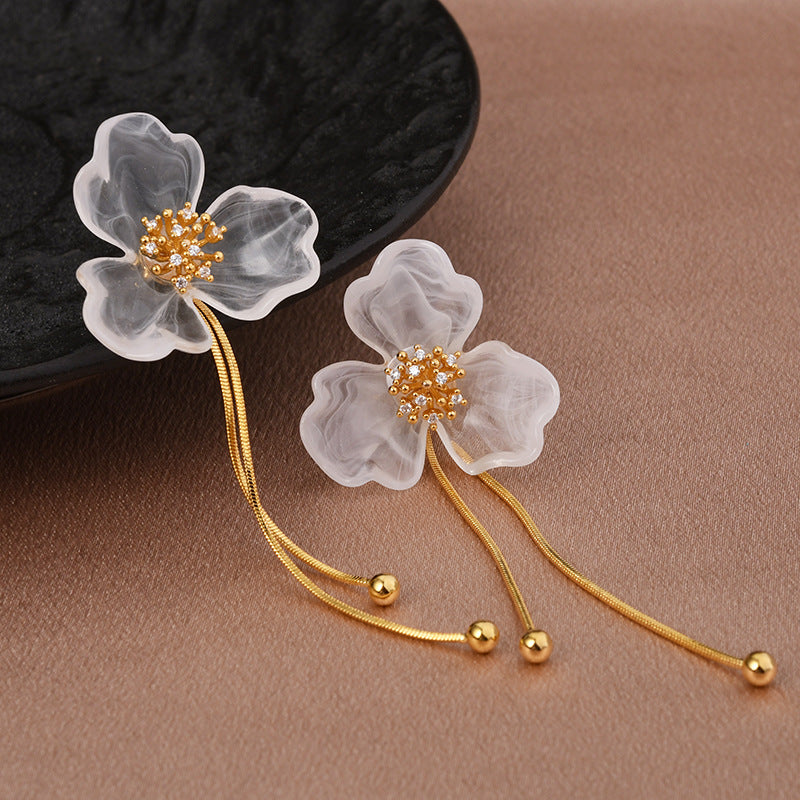 Ancient Chinese Style White Magnolia Long Fringe High-grade Stud Earrings