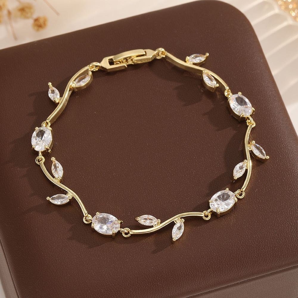 Light Luxury Vine Leaf Zircon Female Niche Design Rhinestone White Bracelets