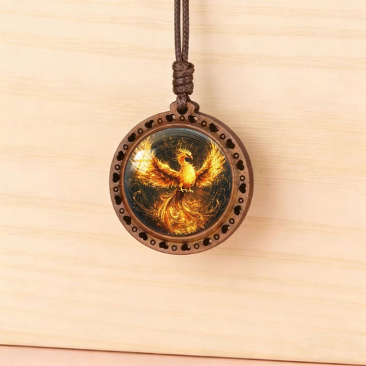 Phoenix Pattern Glass Wooden Unisex Adjustable Necklace