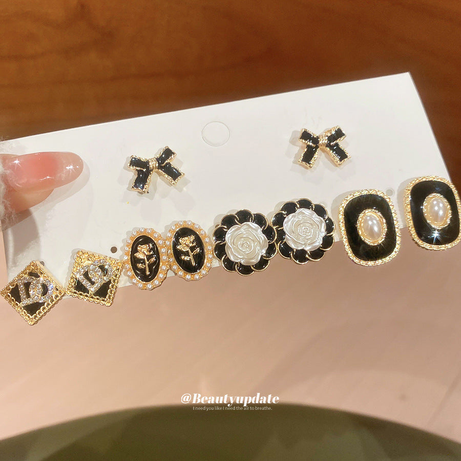 Women's Drop Oil Rhinestone Pearl Earings French Style Retro Elegant Rings