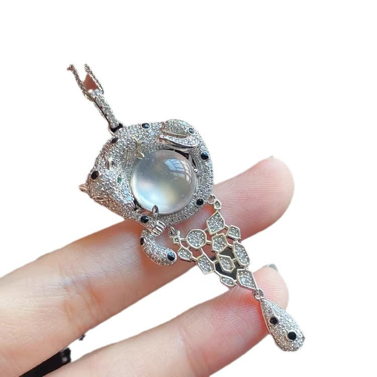 Women's Natural Chalcedony Jade Leopard Agate Head Light Luxury Temperament Jewelry Set