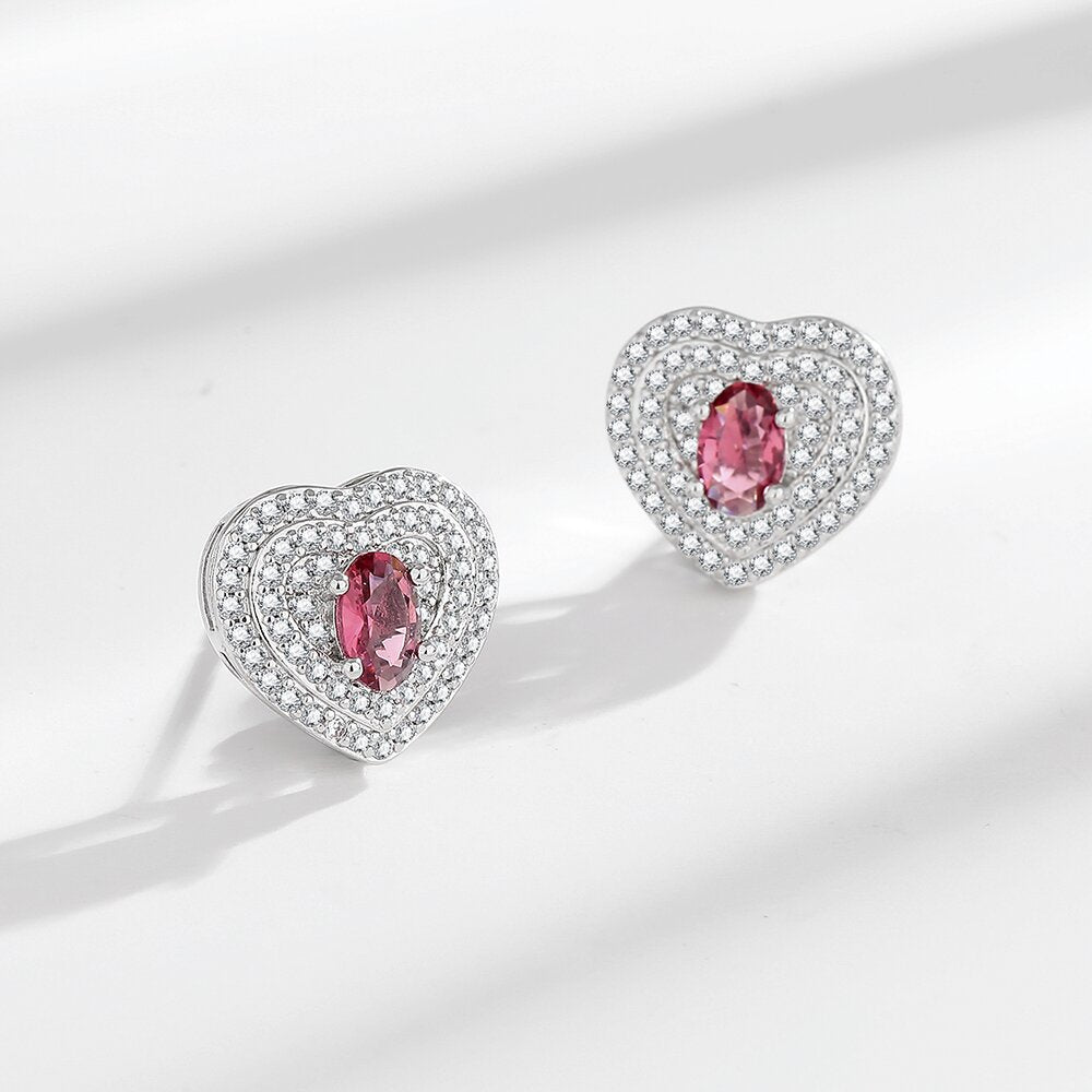 Imitation Ruby Love Sier Plated Pin Earrings