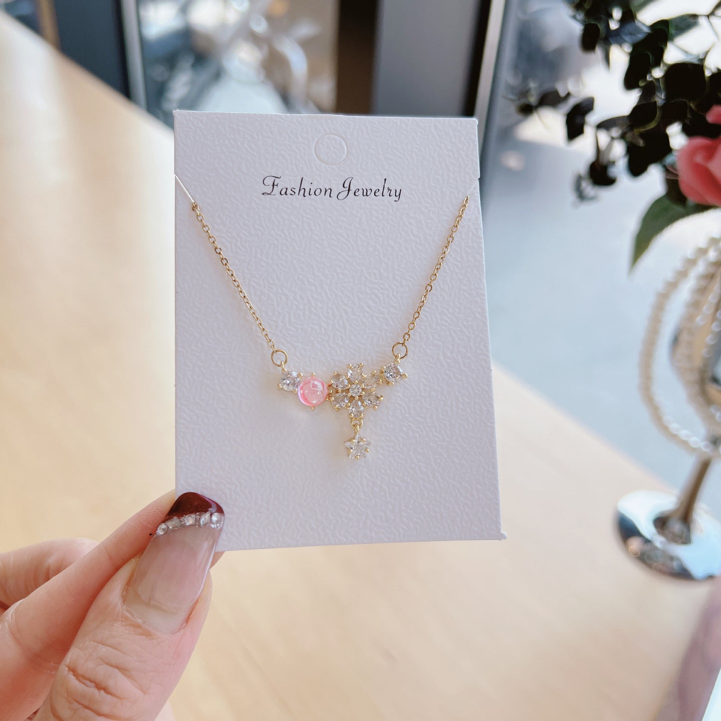 Luxury Sweet Super Pink Flowers Water Drop Female Fully Jeweled Necklace