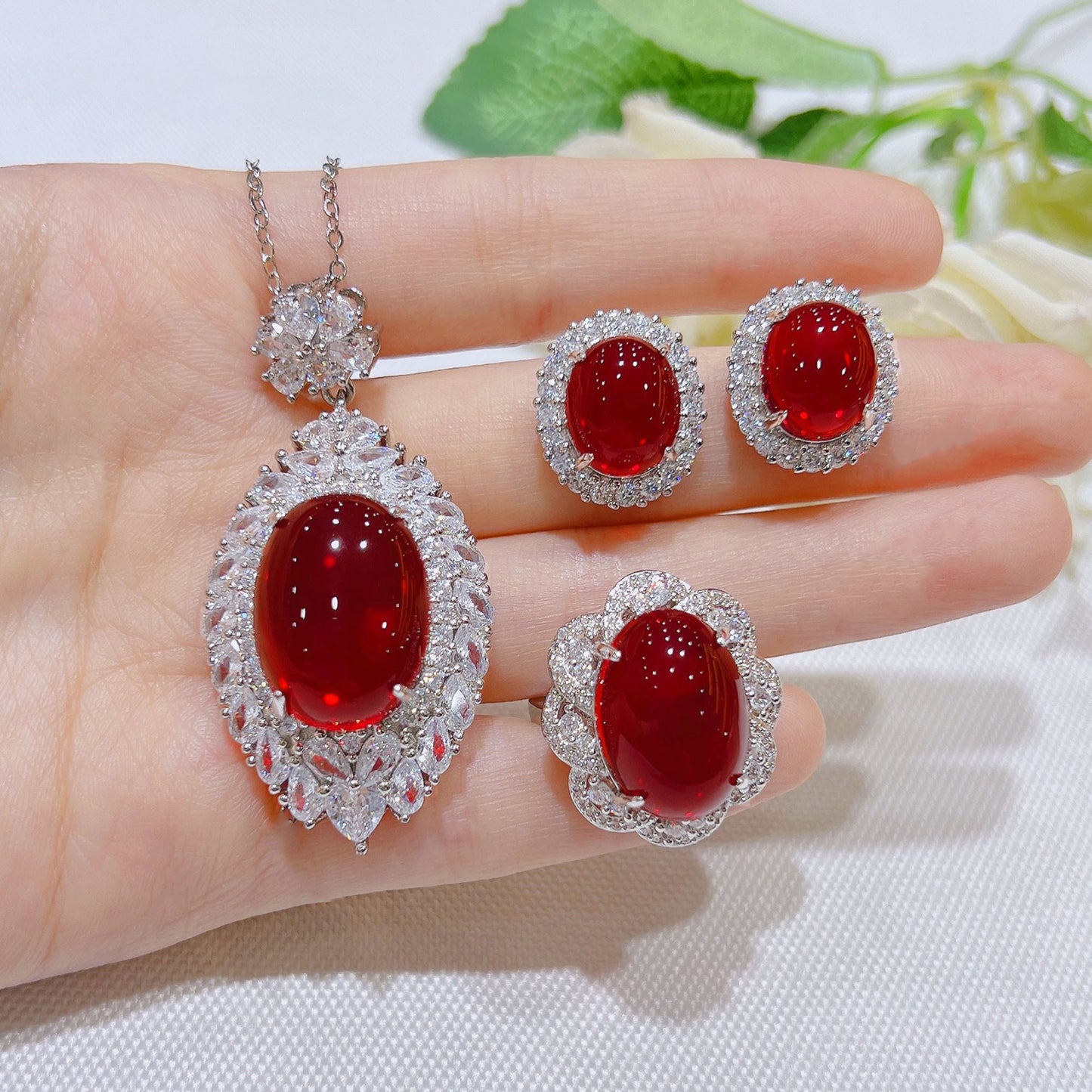 Simulation Ruby Exaggerated Big Diamond Zircon Jewelry Set