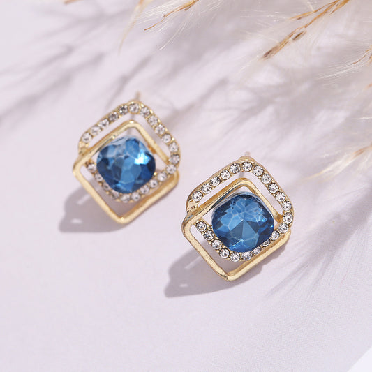 Women's Sier Needle Refined Zircon Blue Diamond Graceful Fashionable Stud Earrings
