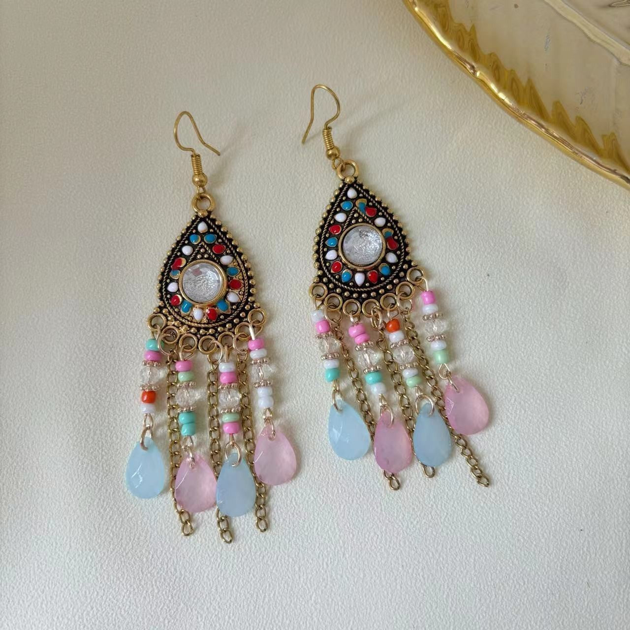 Ethnic Style Tassel Long Bohemian Crystal Yunnan Summer Earrings