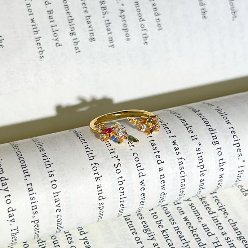 Romantic Gentle Colorful Crystals Twin Open Female Retro Temperamental Minority Ring