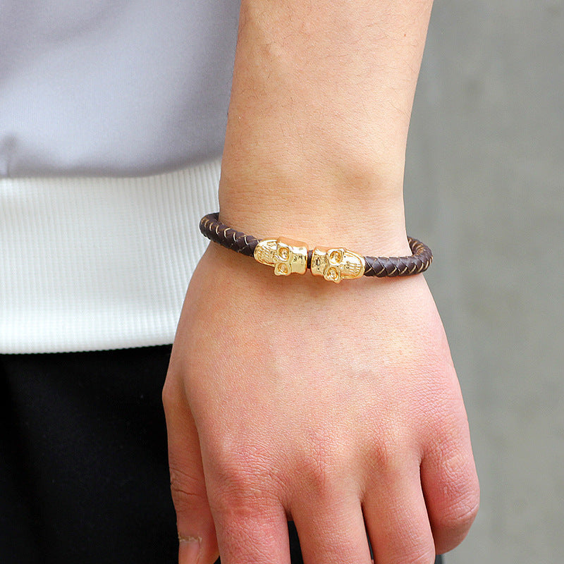 Men's Woven Leather Skull Alloy Trendy Bracelet