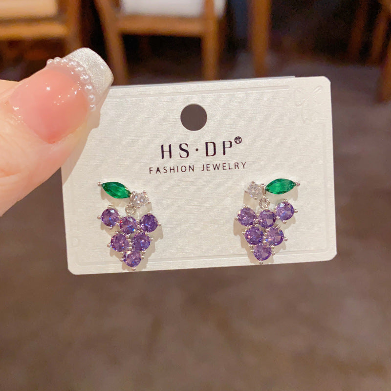 Fresh Stylish Sweet Simple Zircon Grape Tassel Exquisite Light Luxury Earrings