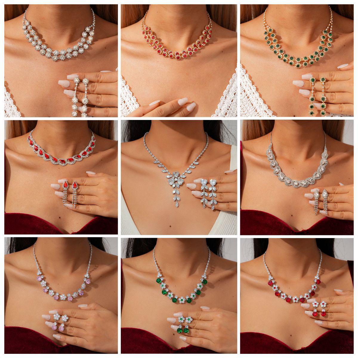 With Diamond Flower Ear Niche Design Clavicle Jewelry Set