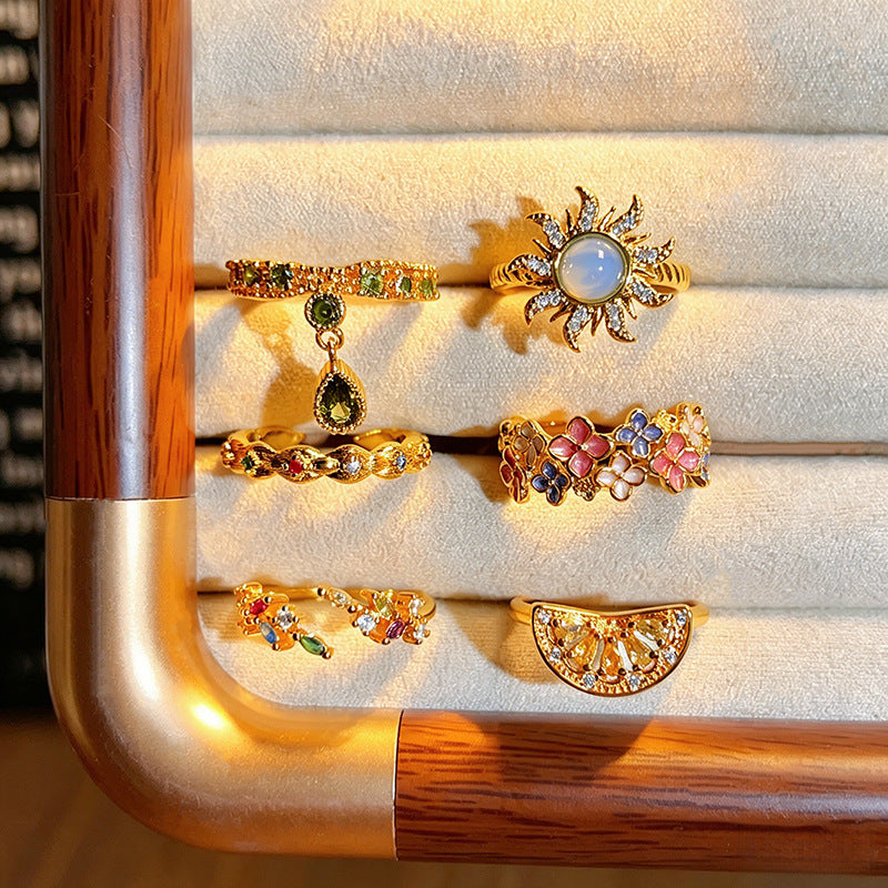 Palace Style Colored Gems Sunflower Open French Retro Flower Twin Ring