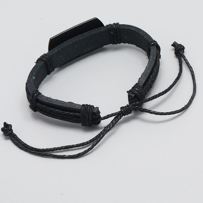 Men's Leather Black Wolf Head Braided Rope Bracelets