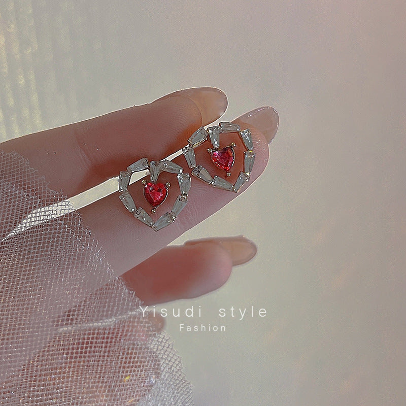 Sier Needle Red Rhinestone Love Heart Earrings