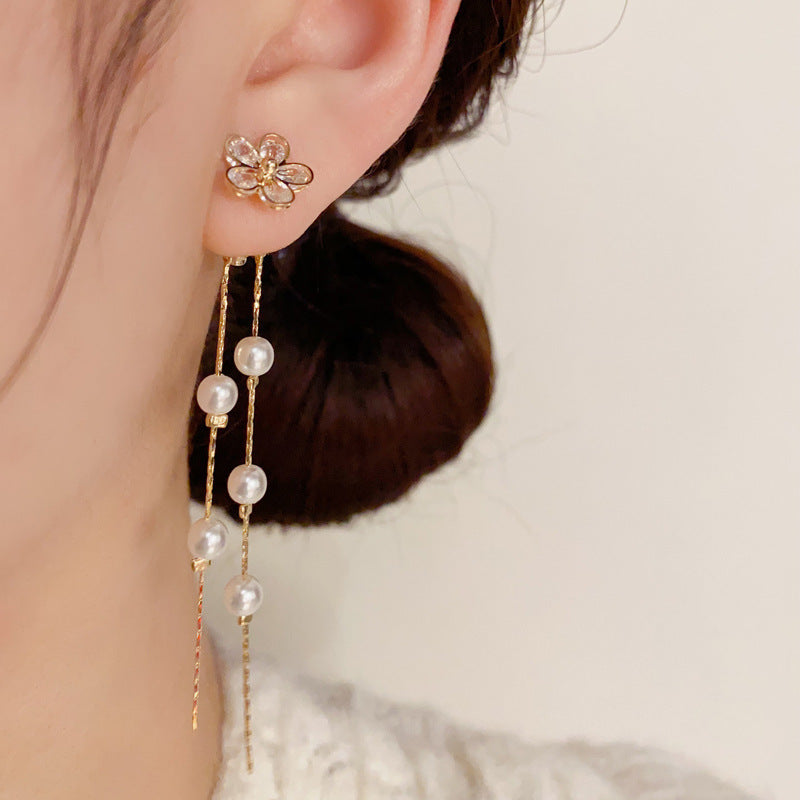 Women's Niche Design Zircon Flower Pearl Tassel Long Temperament Wild Earrings