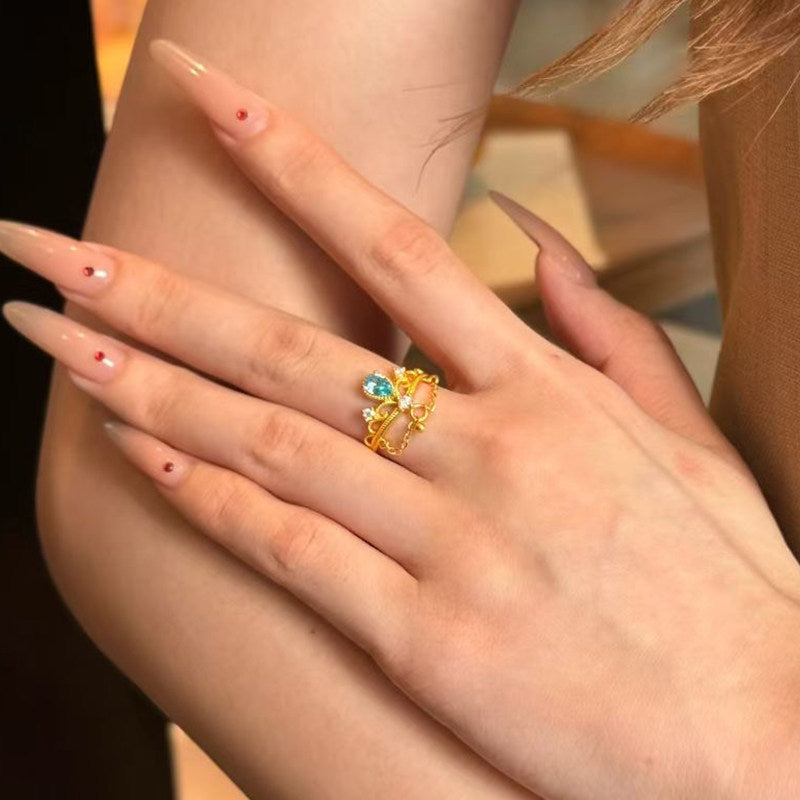 Temperament Crown Female Vintage Court Style Blue Zircon Ring