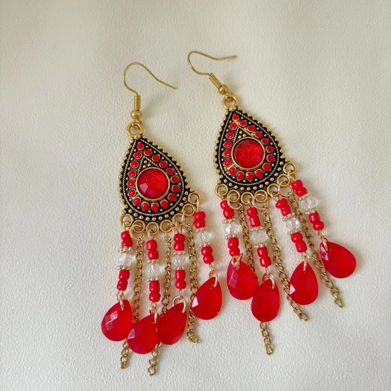 Ethnic Style Tassel Long Bohemian Crystal Yunnan Summer Earrings