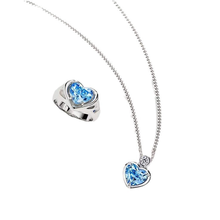 Women's Heart-shaped Colored Gems 2 Karat Blue Diamond Aquamarine Artificial Niche Jewelry Set